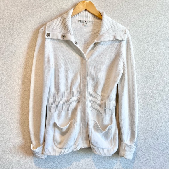 Tommy Hilfiger Sweaters - Tommy Hilfiger Beachy White Cotton Knit Snap Button Sweater Women’s Size Large